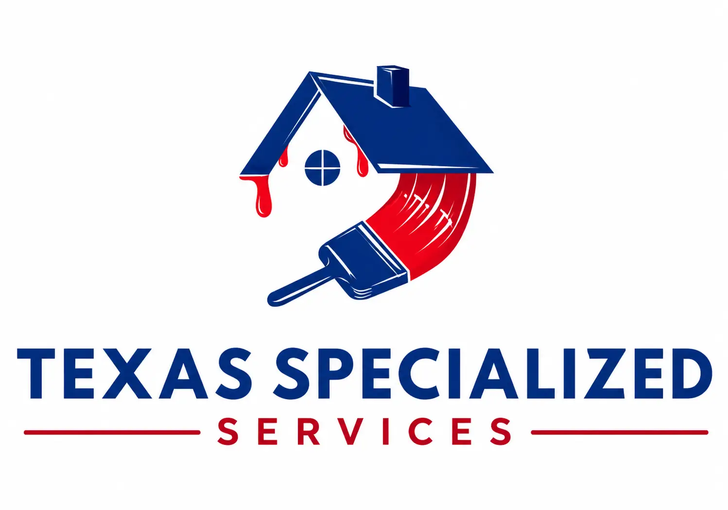 Logo of a house with paint dripping from it, forming a paintbrush below. Text reads Texas Specialized Services in bold blue and red letters.